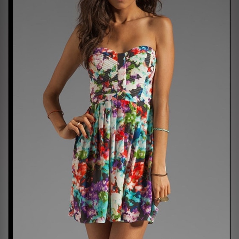 Revolve Parker Lily Silk Strapless Dress Fit & Flare Colorful Floral XS Party